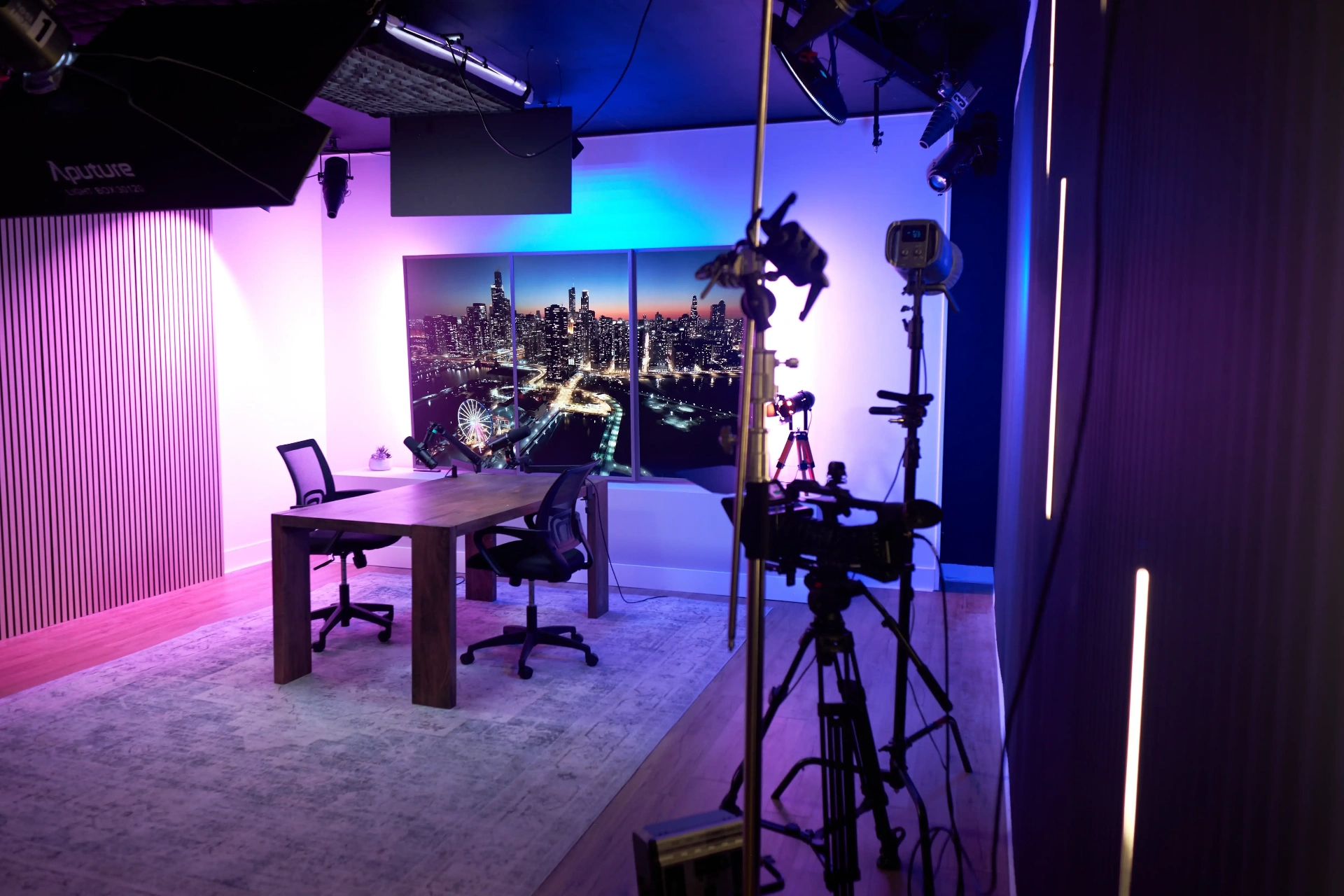 Golden Scope Media studio lounge with podcast set